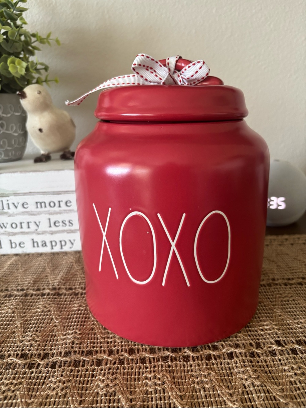 Rae Dunn Red Ceramic Jar with White Logo